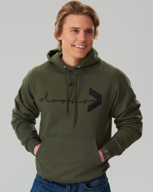 male model wearing an olive dooko hoodie H-one