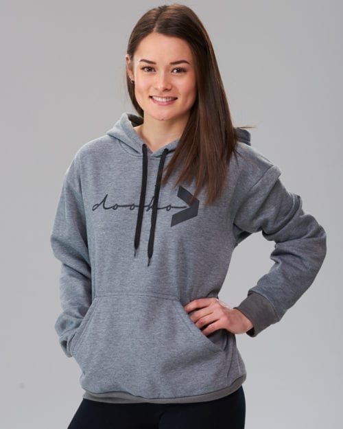 female model wearing a gray dooko hoodie H-one