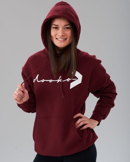 female model wearing a maroon dooko hoodie H-one