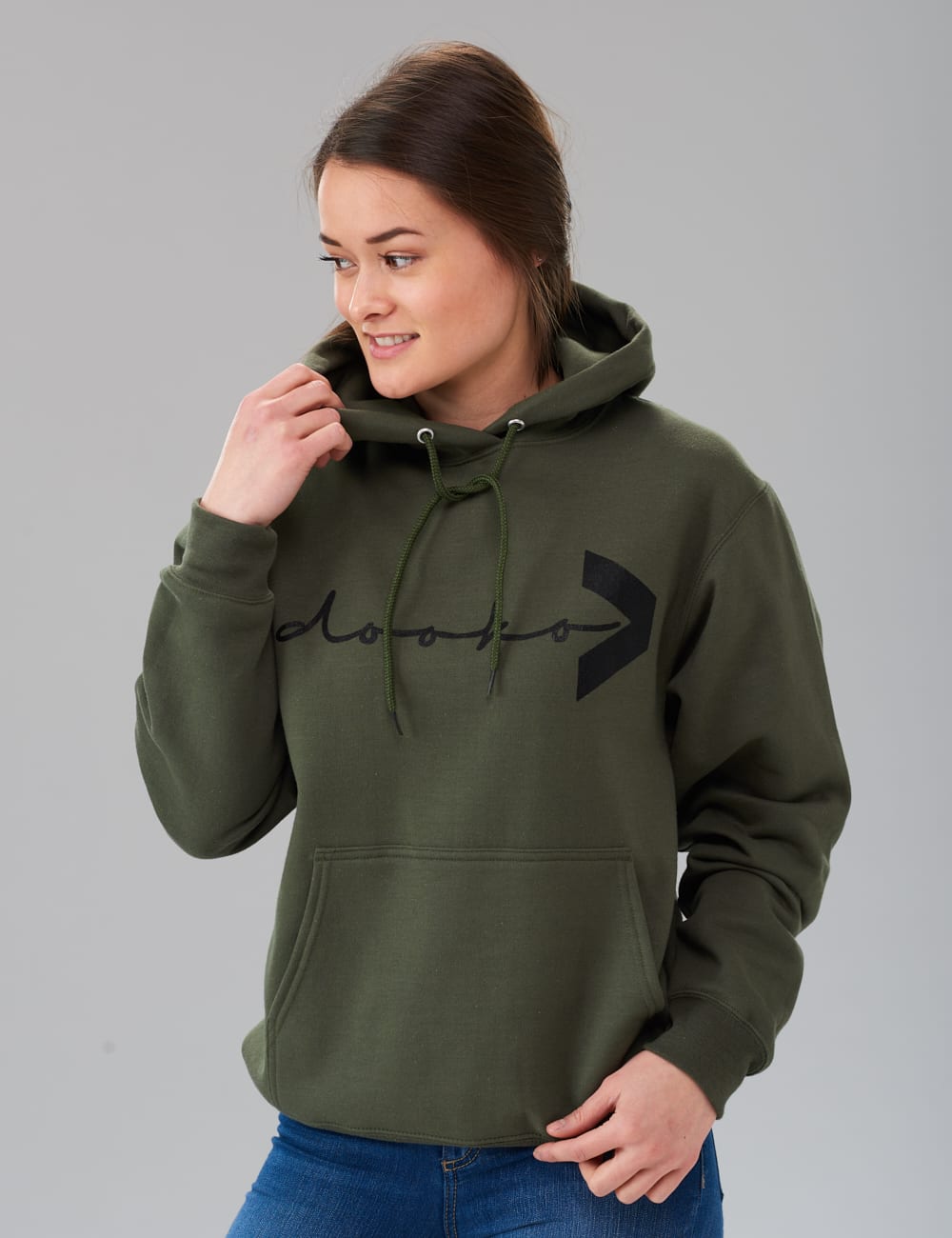 female model wearing an olive dooko hoodie H-one