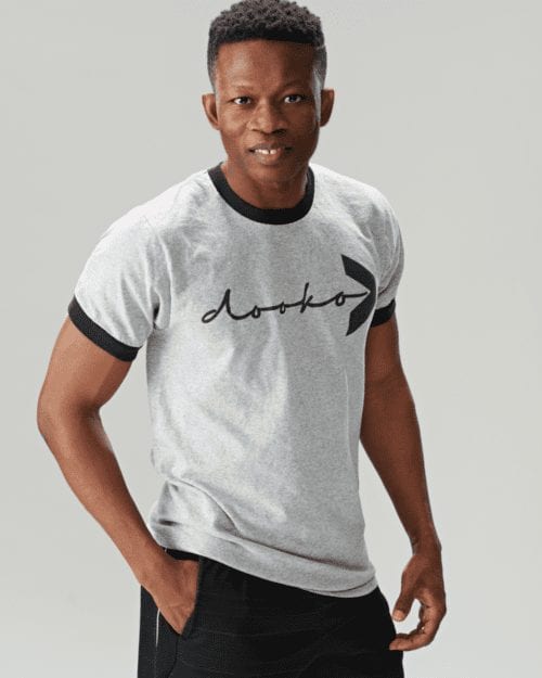 male model wearing the gray ringer t-shirt by dooko